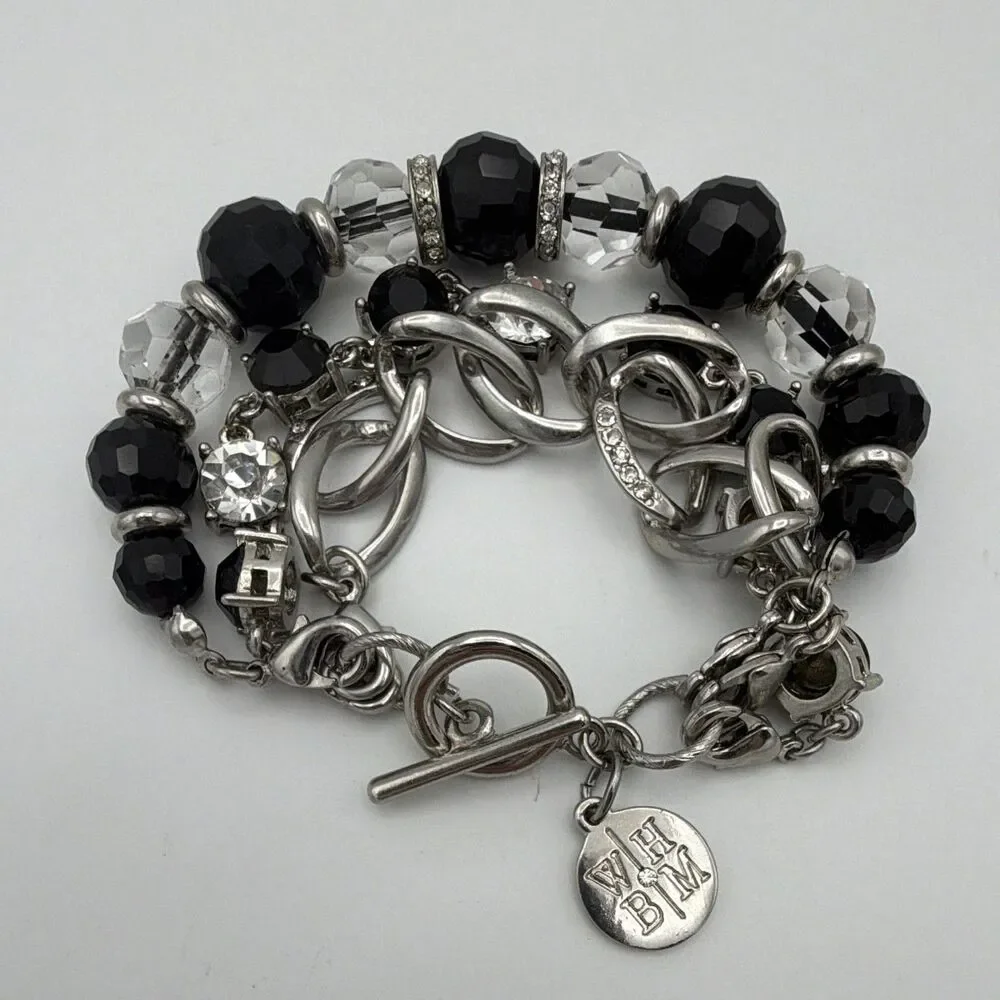 White House Black Market Signed Silver Tone Bead Charm Toggle Bracelet 7 in